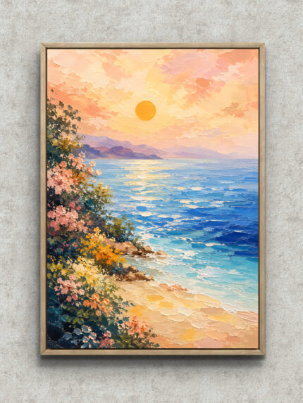 淡い桃色の海と夕日、花葉の前景を描いたピンク 絵画のアートパネル フレーム設置イメージ