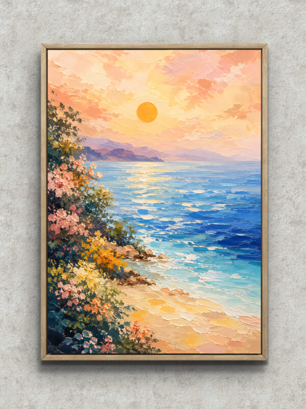 ピンク 絵画｜海と夕日の光がやわらぐ風景画