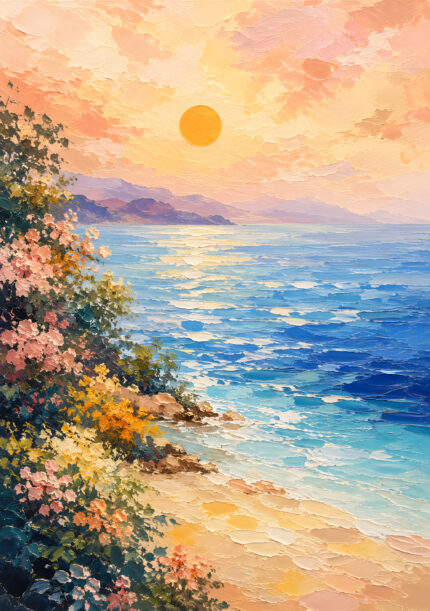 淡い桃色の海と夕日、花葉の前景を描いたピンク 絵画のアートパネル