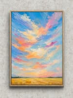 淡いピンクと空色の夕空が広がる麦畑の風景アートパネル フレーム設置イメージ