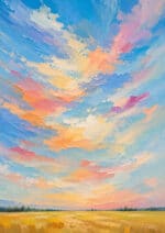 淡いピンクと空色の夕空が広がる麦畑の風景アートパネル