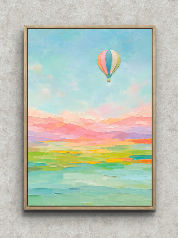 空 絵画｜気球と虹色の層がやさしく浮かぶ一枚