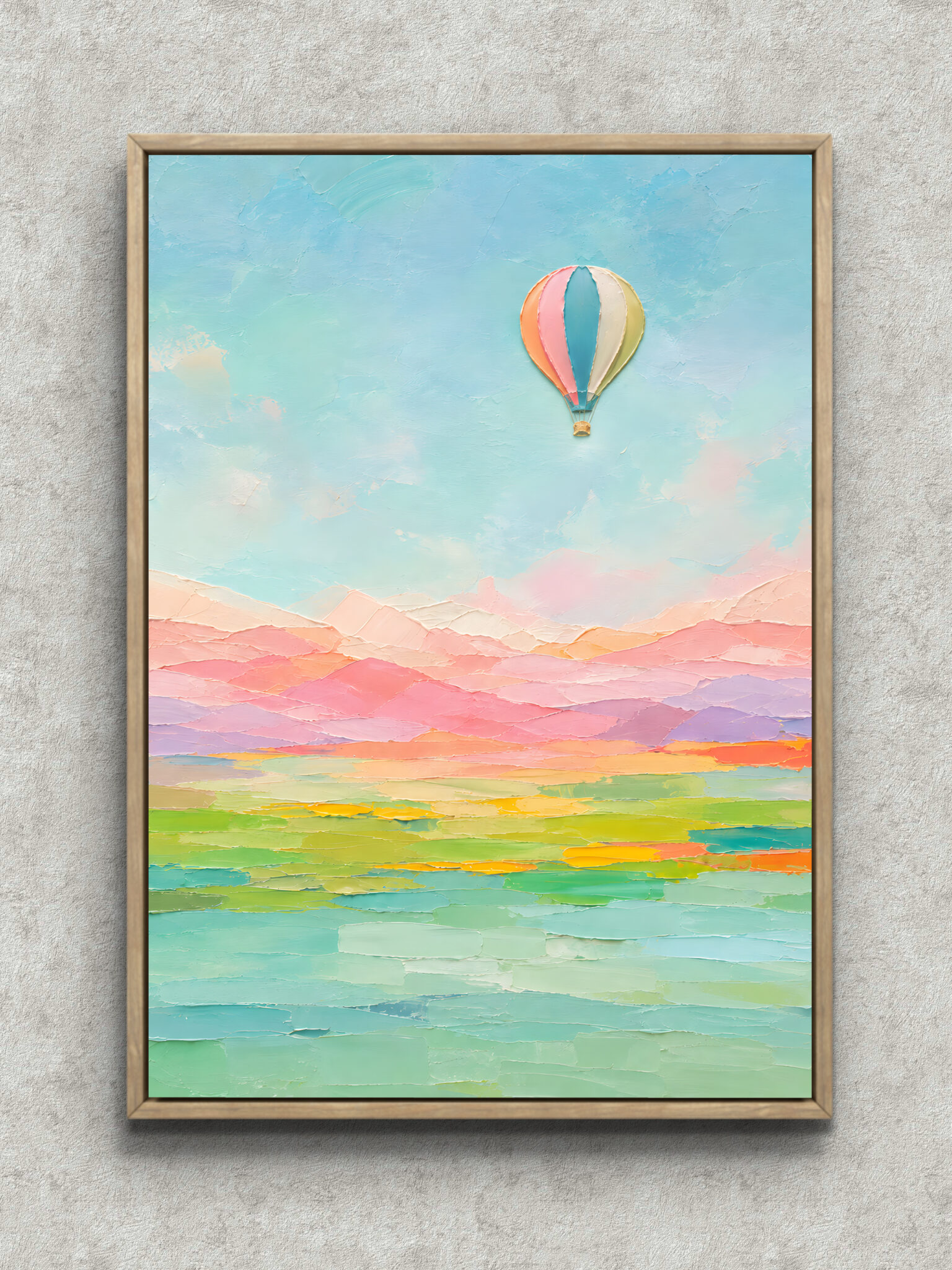 rainbow-balloon-sky-painting-main-1-ma-10870.jpg 虹色の層の上に気球が浮かぶ空 絵画のアートパネル フレーム設置イメージ