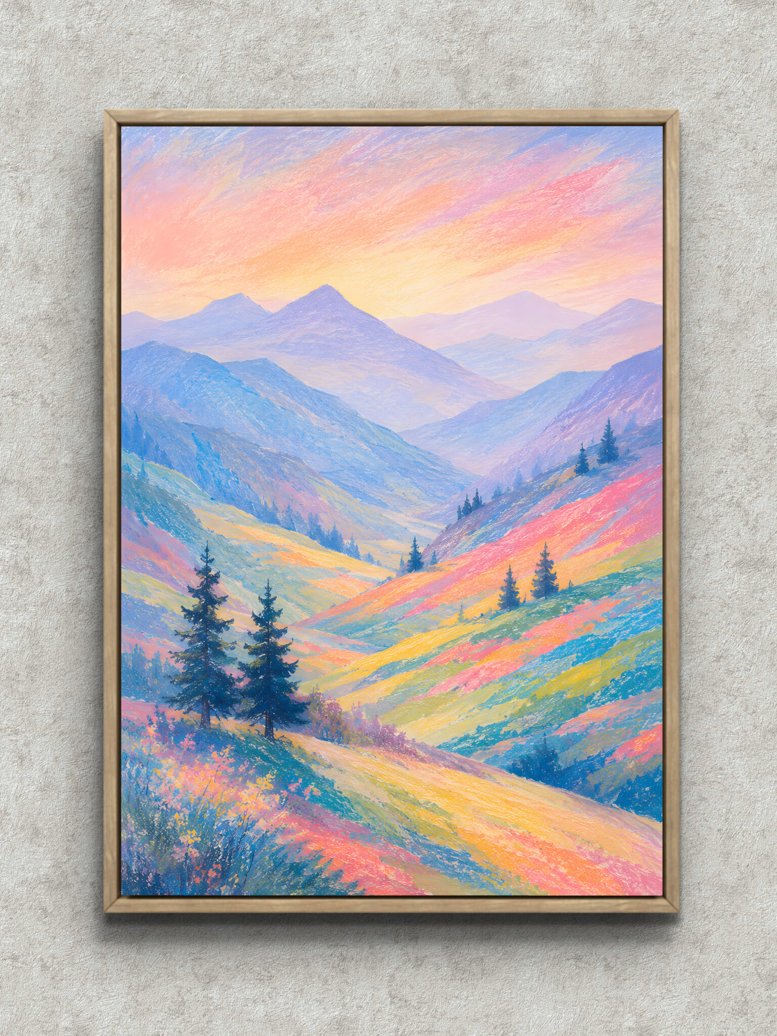 rainbow-mountain-abstract-interior-art-main-1-ma-10913.jpg 虹色の山並みと針葉樹を描いた淡い色調の風景アートパネル フレーム設置イメージ