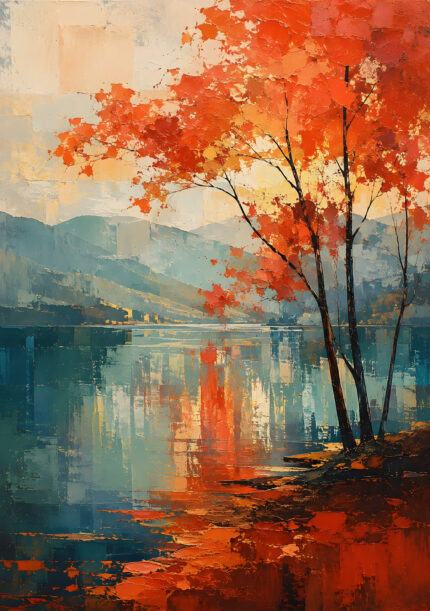 朱赤の紅葉した木と湖面の反射を描いたレッド ウォールアートのアートパネル