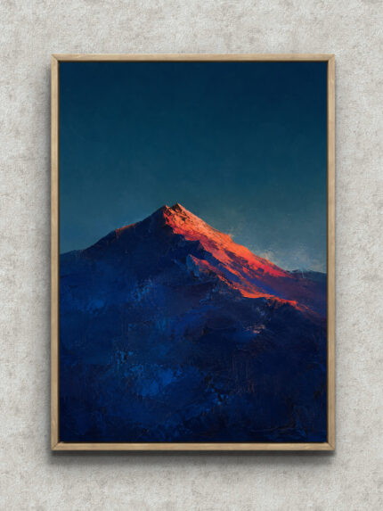 赤く照る山頂と深い青の稜線を描いた風景アートパネル フレーム設置イメージ