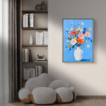 リビングに飾った空色の花の北欧 絵画のアートパネル 設置イメージ 8
