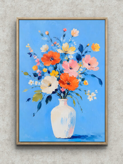 空色の背景にオレンジの花瓶と花が広がる北欧 絵画のアートパネル フレーム設置イメージ