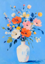 空色の背景にオレンジの花瓶と花が広がる北欧 絵画のアートパネル