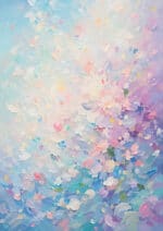 淡い水色に花びらのような色片が重なる抽象 インテリアアート 花霞庭