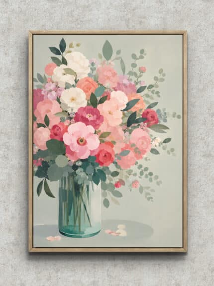 淡いピンクの花束とガラス花瓶を描いた縦構図のフラワーアートパネル フレーム設置イメージ