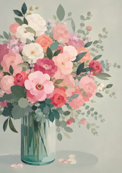 淡いピンクの花束とガラス花瓶を描いた縦構図のフラワーアートパネル