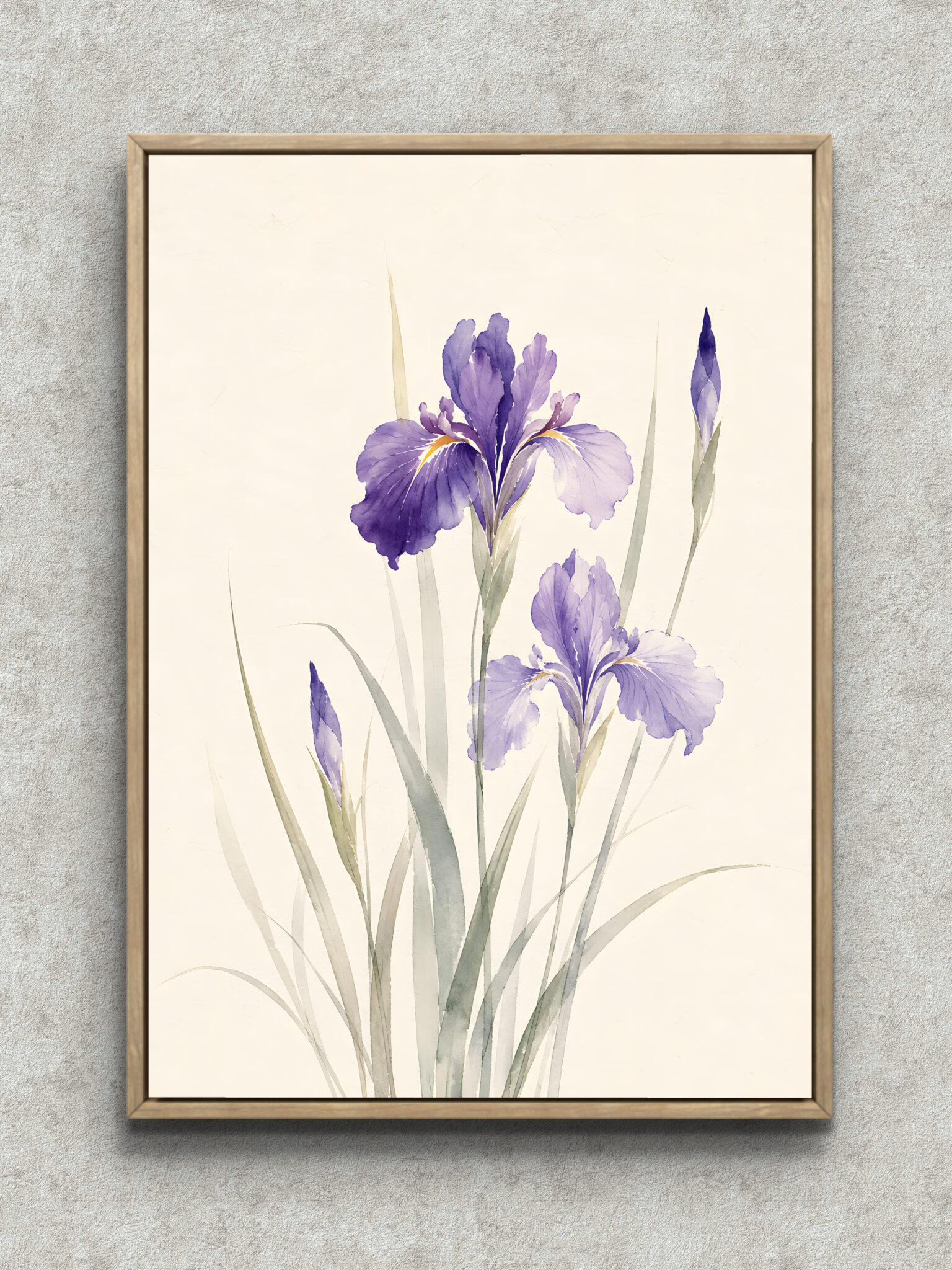 soft-purple-iris-interior-art-main-1-ma-10875.jpg 淡い紫のアヤメを余白のある縦構図で描いたフラワーアートパネル フレーム設置イメージ