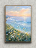 海辺に咲く野の花と淡い空を描いた縦長の風景アートパネル フレーム設置イメージ