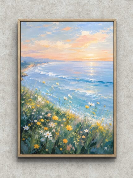 海辺に咲く野の花と淡い空を描いた縦長の風景アートパネル フレーム設置イメージ