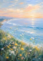 海辺に咲く野の花と淡い空を描いた縦長の風景アートパネル
