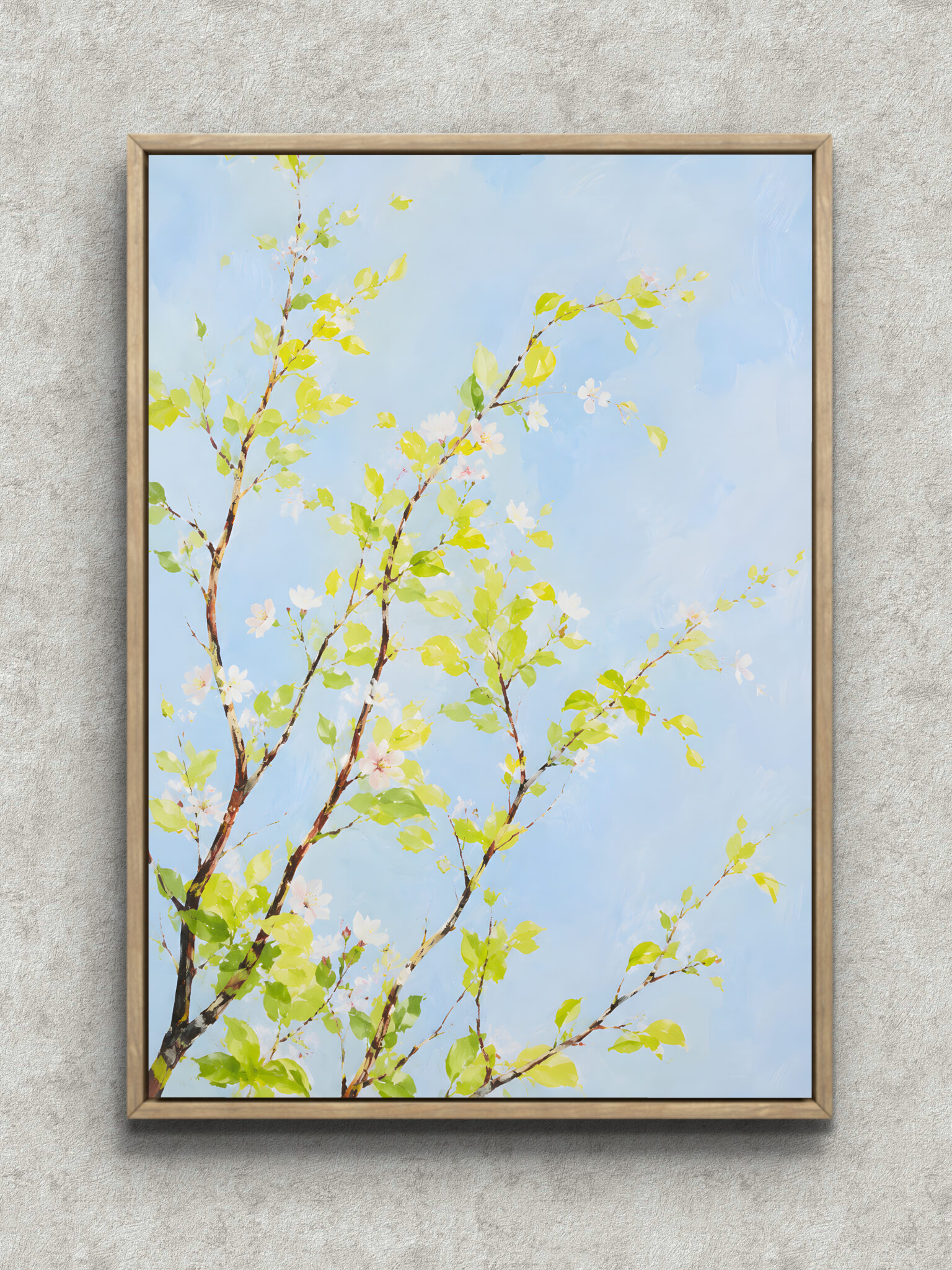 spring-branch-botanical-interior-art-main-1-ma-10885.jpg 淡い水色の背景に若葉と小花が広がる春光の枝のボタニカルアートパネル フレーム設置イメージ