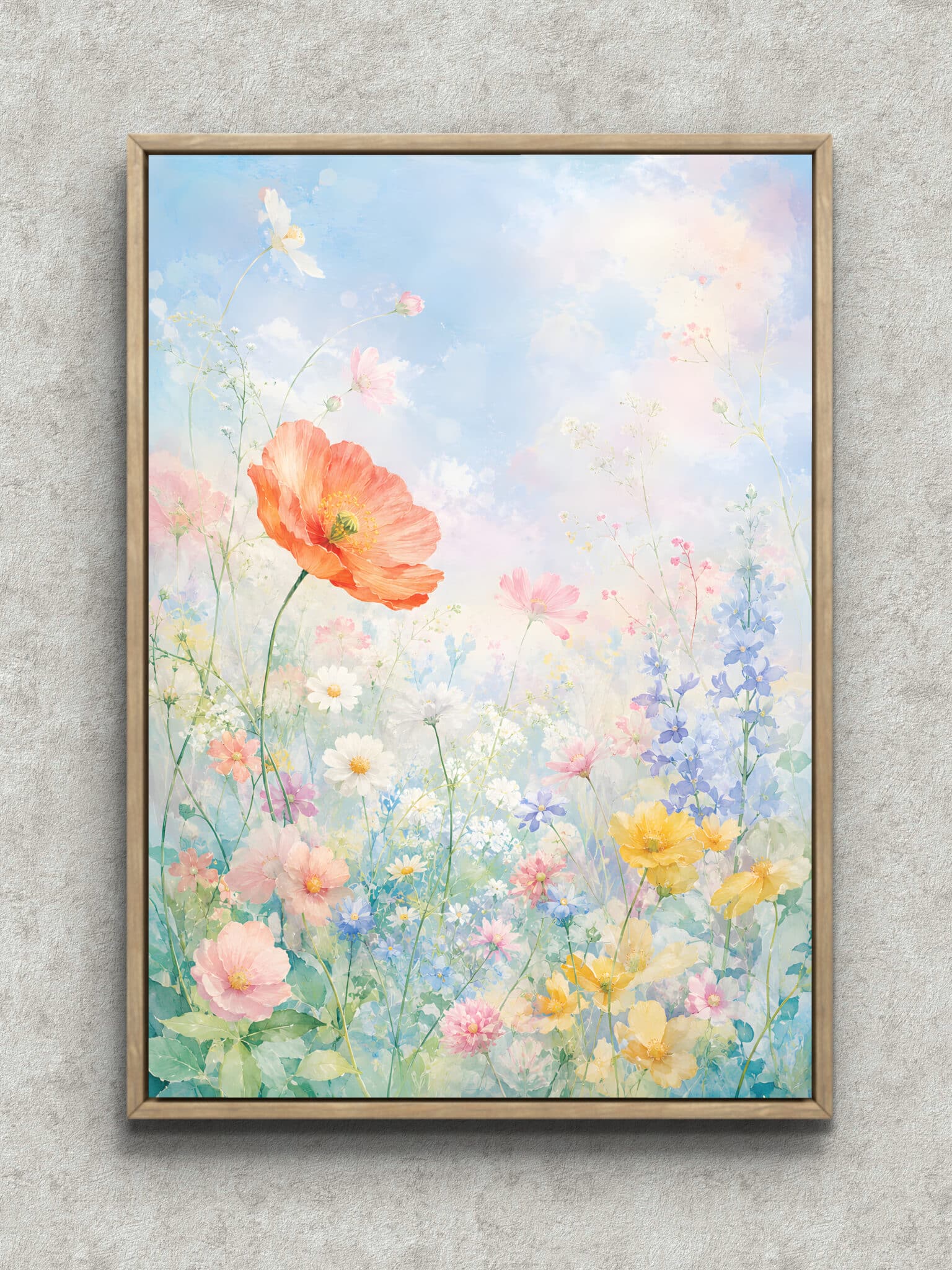 spring-flower-garden-abstract-interior-art-main-1-ma-10969.jpg 春のひかり 青空の余白と淡い花々を描いた縦構図のフラワーアートパネル フレーム設置イメージ