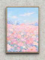 淡い水色の空とピンクの花畑が広がる春霞の野のフラワーアートパネル フレーム設置イメージ