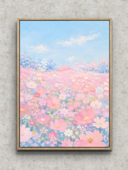 淡い水色の空とピンクの花畑が広がる春霞の野のフラワーアートパネル フレーム設置イメージ