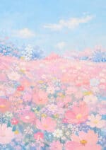 淡い水色の空とピンクの花畑が広がる春霞の野のフラワーアートパネル
