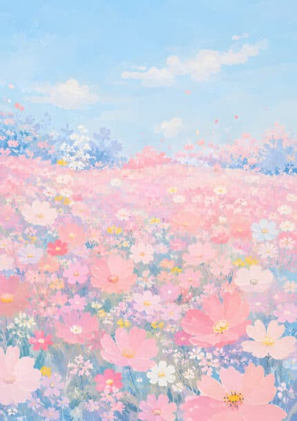 淡い水色の空とピンクの花畑が広がる春霞の野のフラワーアートパネル