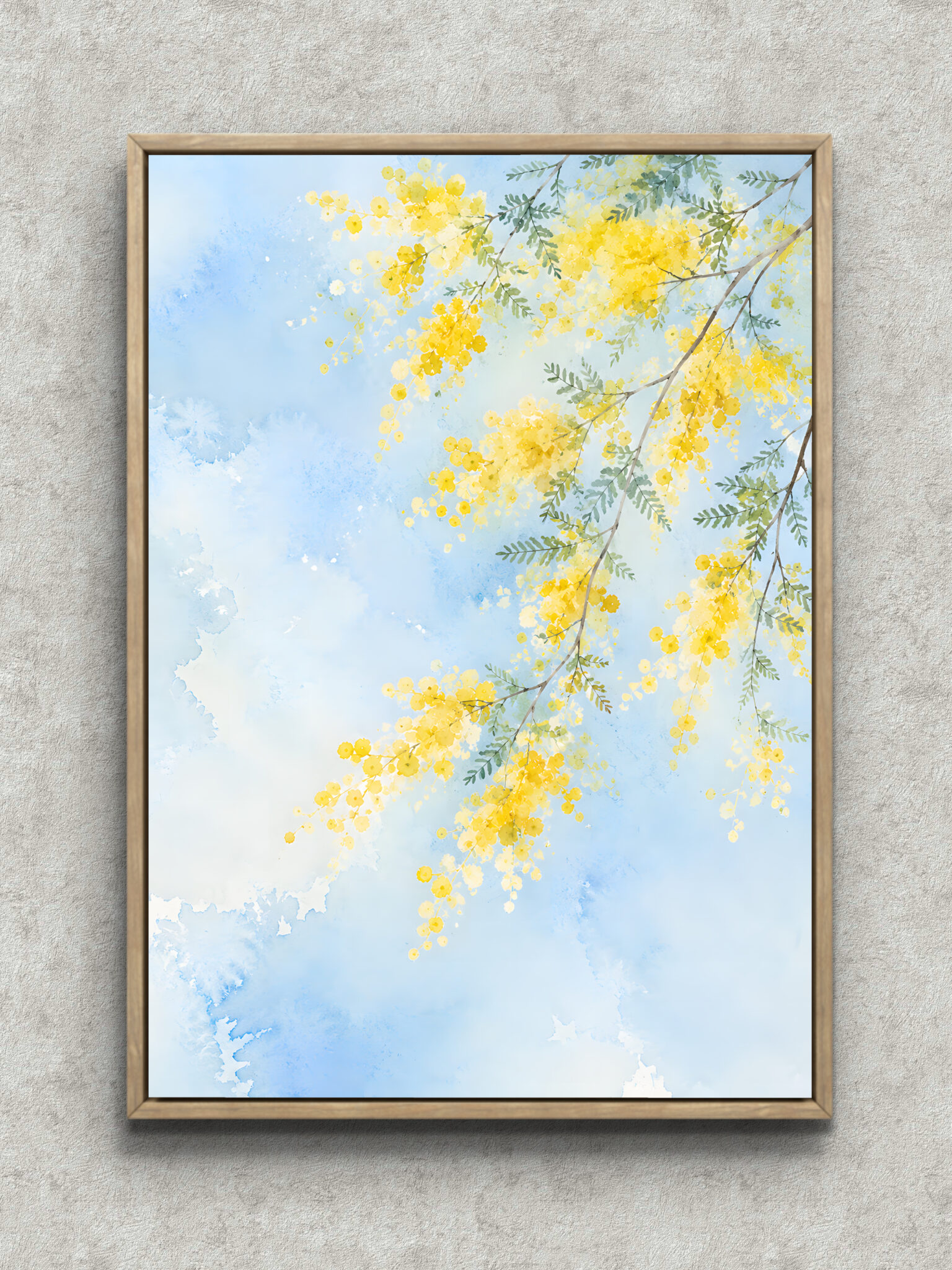 spring-mimosa-watercolor-interior-art-main-1-ma-10886.jpg 淡い水色の背景に黄色い小花の枝が斜めに流れる春空ミモザのフラワーアートパネル フレーム設置イメージ