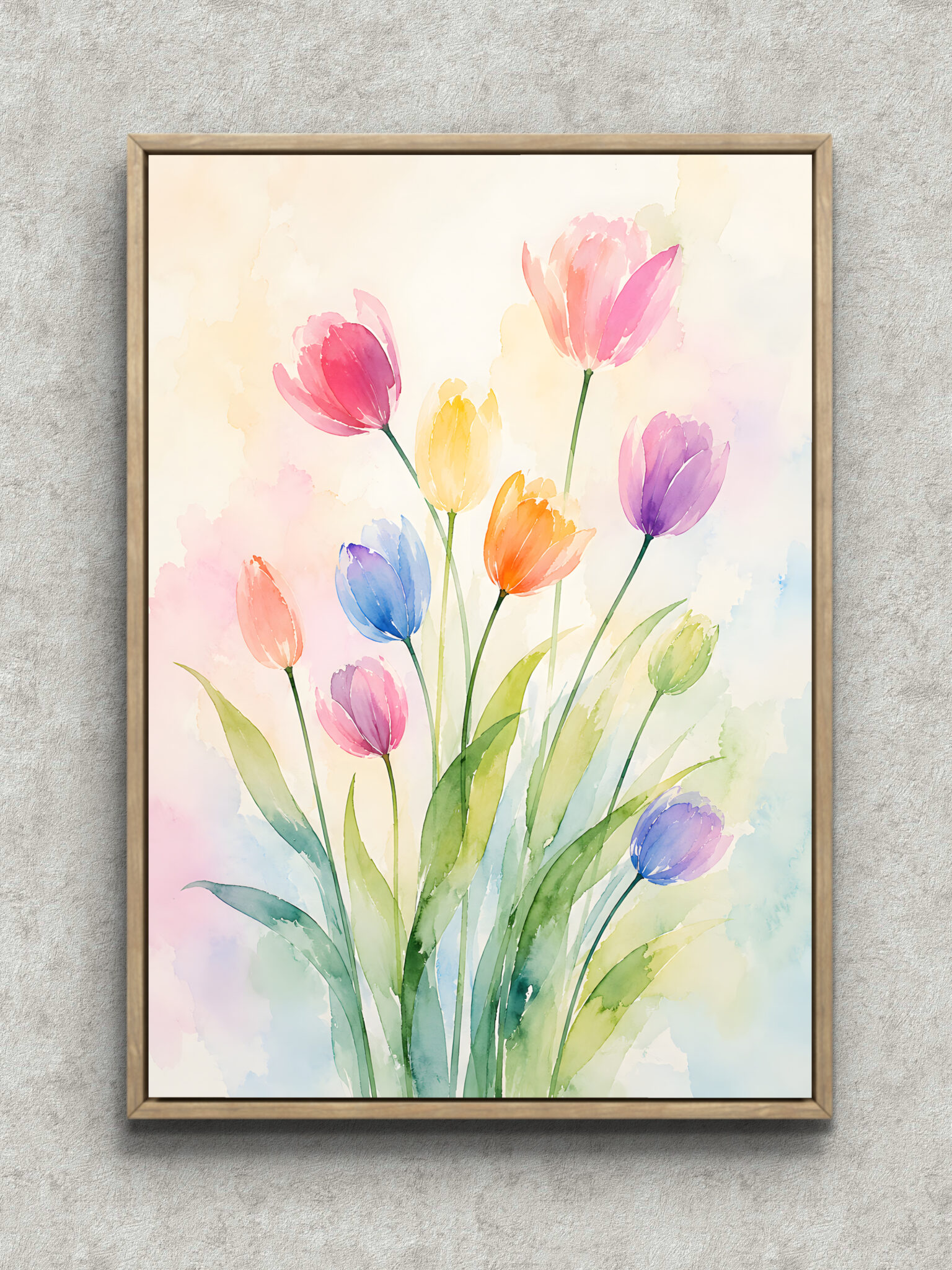 spring-tulip-flower-art-panel-main-1-ma-10884.jpg 淡い水彩で描いた色とりどりのチューリップのフラワーアートパネル フレーム設置イメージ