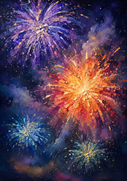 群青の夜空に紫と橙の花火が弾ける星花火の抽象 インテリアアート