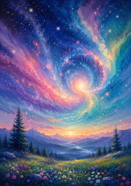 渦巻く星空と山並み、野花の原を描いた虹星原の風景アートパネル