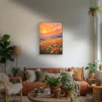 リビングに飾った夕陽の山並みと花畑の風景アートパネル 設置イメージ 6