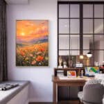 リビングに飾った夕陽の山並みと花畑の風景アートパネル 設置イメージ 10