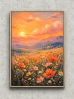 夕陽に染まる山並みとコスモスの花畑を描いた縦構図の風景アートパネル フレーム設置イメージ