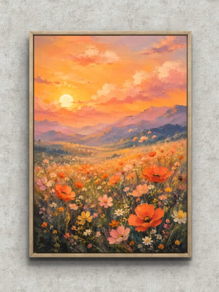 夕陽に染まる山並みとコスモスの花畑を描いた縦構図の風景アートパネル フレーム設置イメージ
