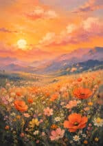 夕陽に染まる山並みとコスモスの花畑を描いた縦構図の風景アートパネル