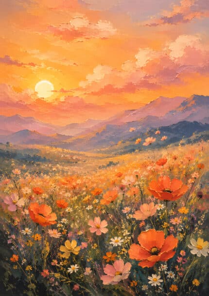 夕陽に染まる山並みとコスモスの花畑を描いた縦構図の風景アートパネル