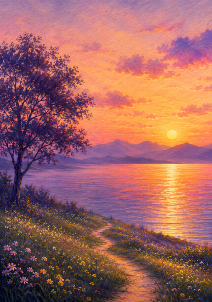 夕日と湖、山並みと野花の小径を描いた縦構図の風景アートパネル