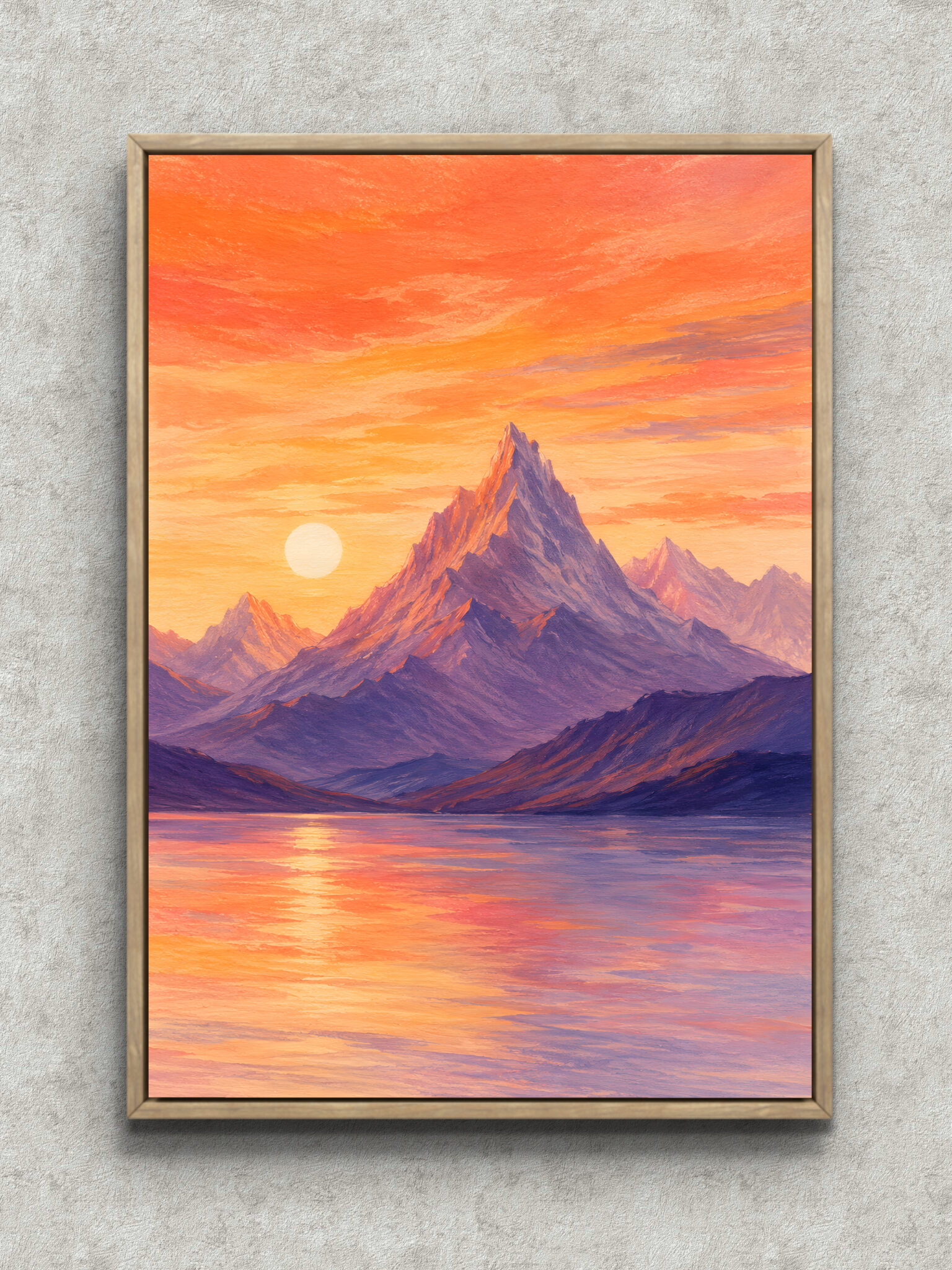 sunset-peak-mountain-landscape-interior-main-1-ma-10879.jpg 夕焼け空と尖った山頂、水面の反射を描いた縦構図の風景アートパネル フレーム設置イメージ