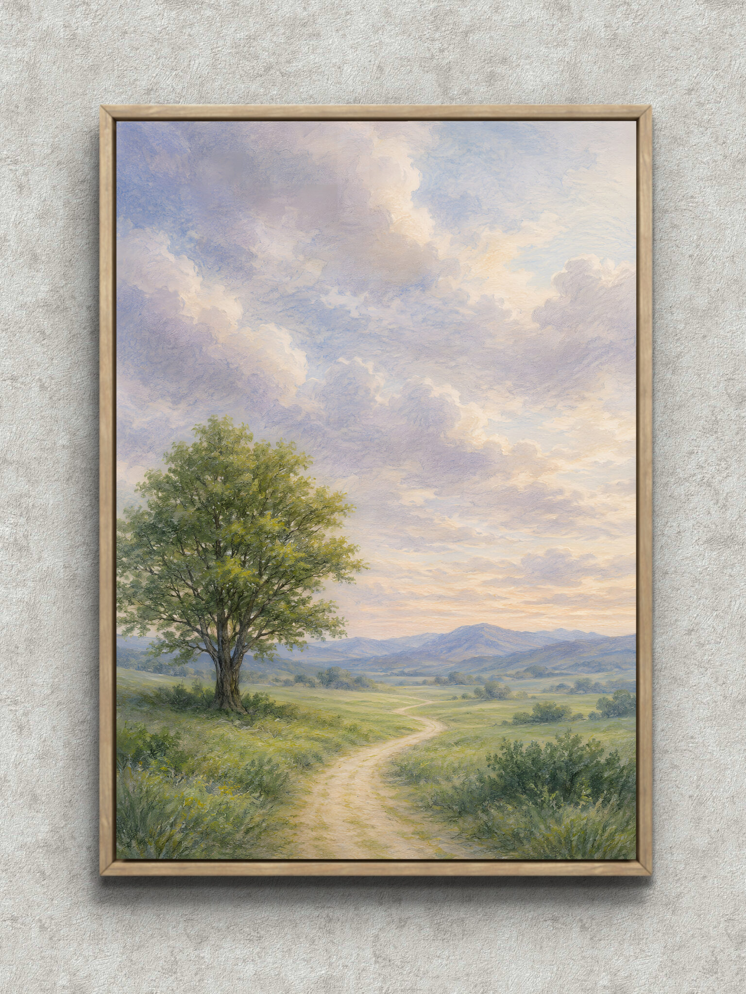 tree-path-soft-landscape-interior-main-1-ma-10880.jpg 一本の木と小道、淡い青空を描いた縦構図の風景アートパネル フレーム設置イメージ