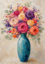 ターコイズの花瓶に鮮やかな花々を描いたフラワーアートパネル