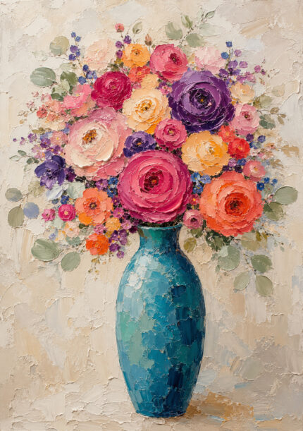 ターコイズの花瓶に鮮やかな花々を描いたフラワーアートパネル