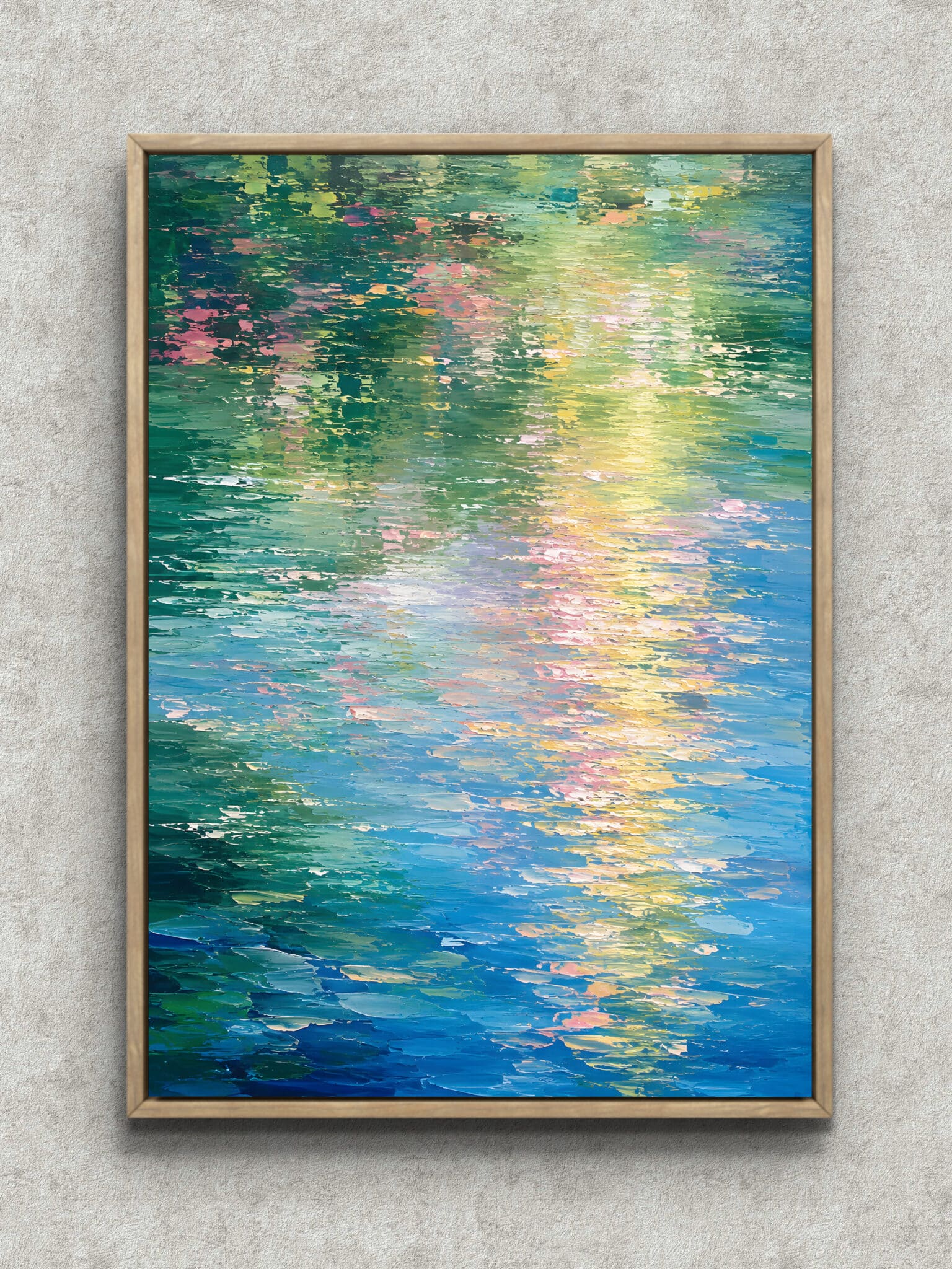 waterside-light-abstract-interior-art-main-1-ma-10974.jpg 水面に光が揺れるようなエメラルドグリーンの抽象インテリアアート フレーム設置イメージ