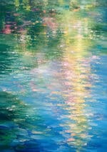 水面に光が揺れるようなエメラルドグリーンの抽象インテリアアート