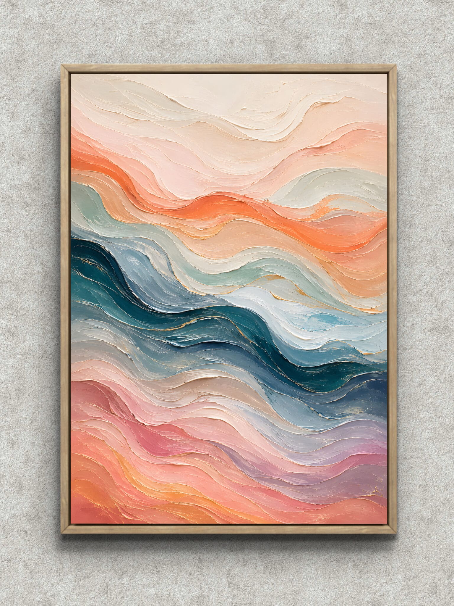 wave-memory-layered-abstract-interior-art-main-1-ma-10987.jpg ピンクと青緑の帯が波のように重なる縦構図の抽象 インテリアアート フレーム設置イメージ