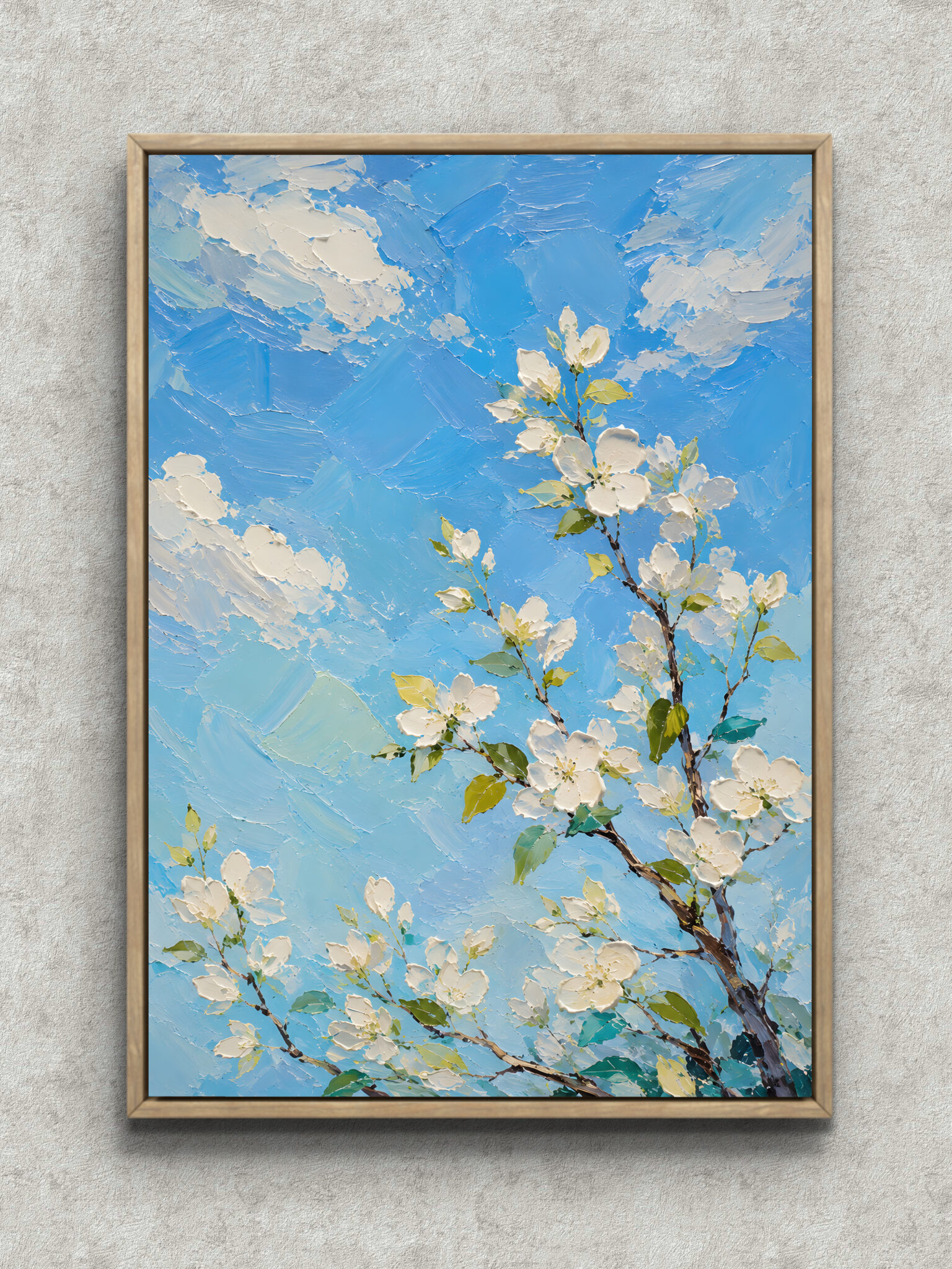 white-blossom-sky-floral-interior-art-main-1-ma-10939.jpg 青空に白い花枝が斜めに伸びるフラワー インテリアアート フレーム設置イメージ