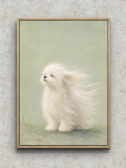 風になびく白い小型犬を淡い草色で描いた抽象 インテリアアート フレーム設置イメージ
