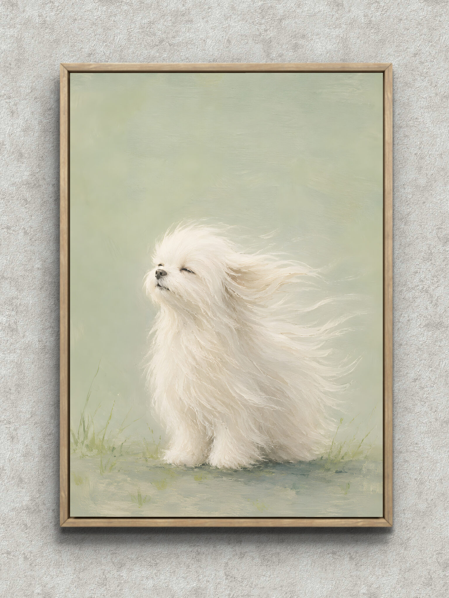 white-dog-wind-soft-abstract-interior-art-main-1-ma-10871.jpg 風になびく白い小型犬を淡い草色で描いた抽象 インテリアアート フレーム設置イメージ