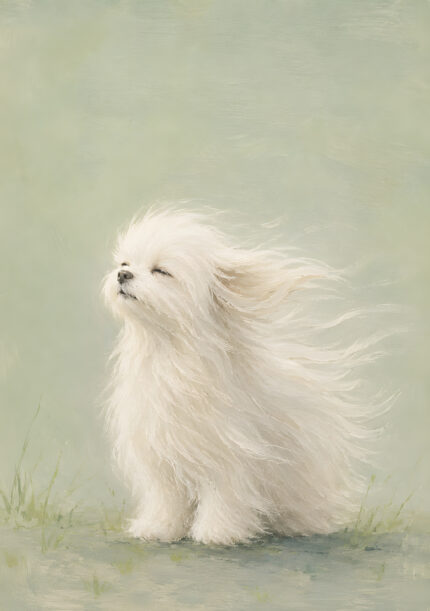 風になびく白い小型犬を淡い草色で描いた抽象 インテリアアート