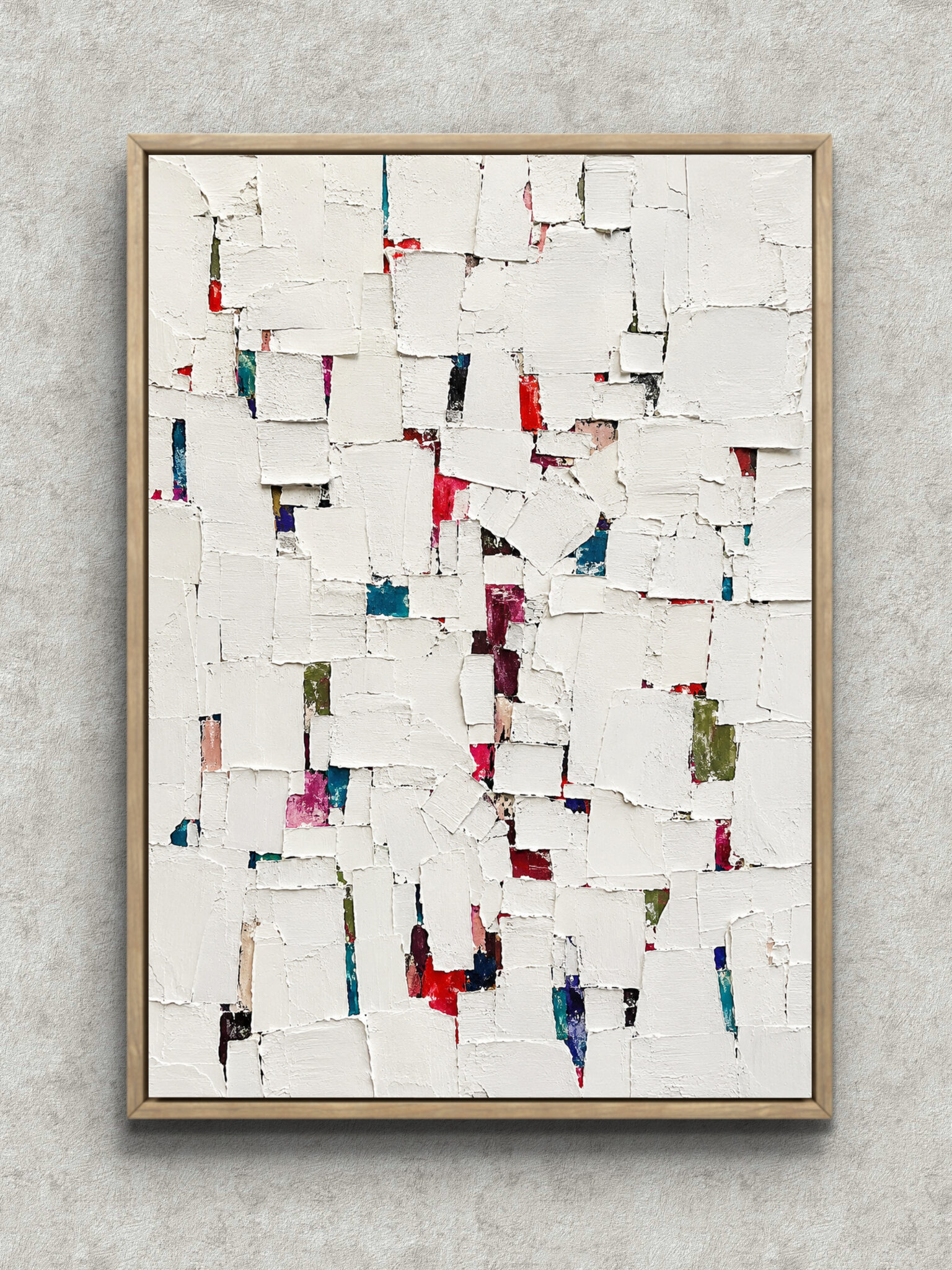 white-paper-collage-abstract-interior-art-main-1-ma-10904.jpg 白い断片が重なり隙間から色がのぞく抽象 インテリアアート フレーム設置イメージ