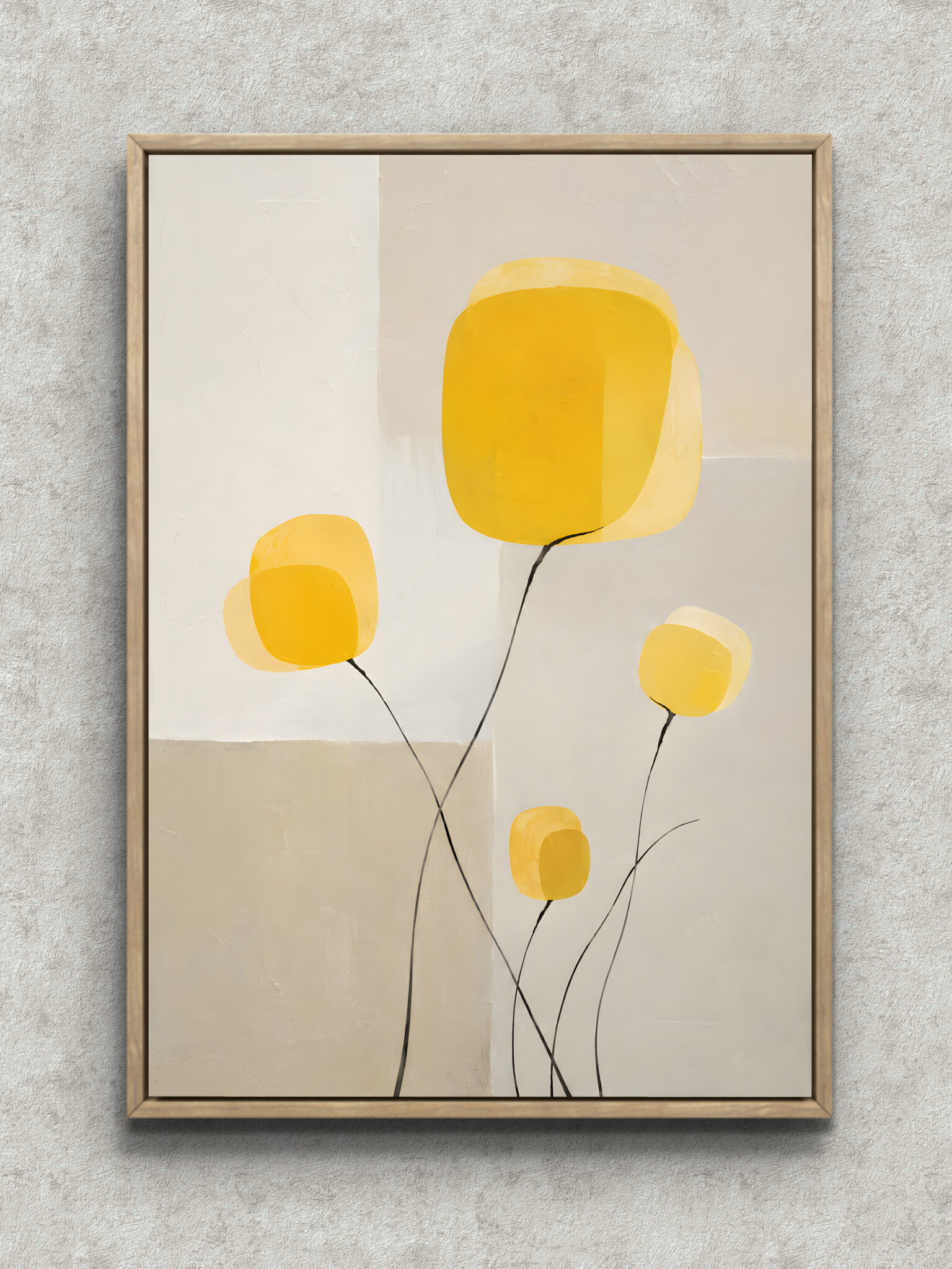 yellow-negative-space-abstract-interior-art-main-1-ma-10898.jpg 淡い生成りの面に黄色の花形と細い線が浮かぶ縦構図のフラワーアートパネル フレーム設置イメージ